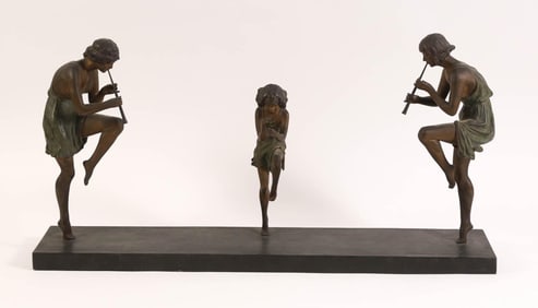 Marcel Bouraine (1886-1948), Susse Freres Art Deco Patinated Bronze Group of Flute Players