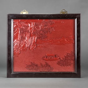 A Carved Cinnabar Lacquer Panel with Frame