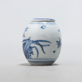 A Chinese Blue and White Orchid Water Pot with Lid