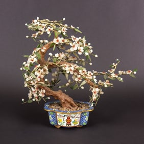 A Hardstone Tree in Cloisonne Enamel Jardiniere, Republic Period