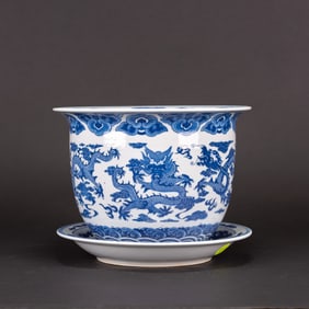 A Blue and White Jardinieres and Plates