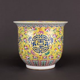 A Yellow Ground Famille Rose 'Peach and Shou' Jardiniere, 19th Century
