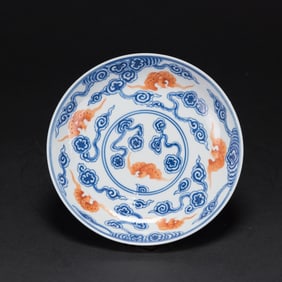 A Blue and White Iron-Red 'Bat and Ruyi-Scroll' Dish, Qing Dynasty, Guangxu Mark