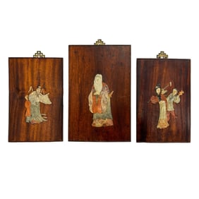 Set of Three Chinese Hardwood Wall Panels with Hardstone Inlays