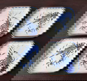 Set of Four Japanese Seto Porcelain Tray with Lobster Motif, Meiji Period