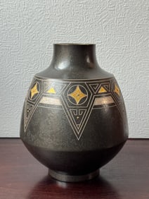 Japanese Art deco Bronze Vase with Gold Silver Inlay