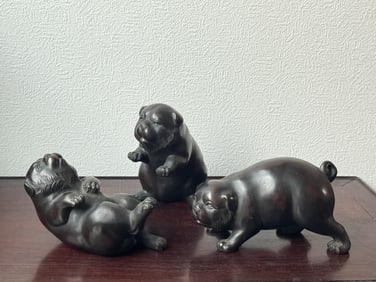 Group of Three Japanese Bronze Puppy, Meiji Period
