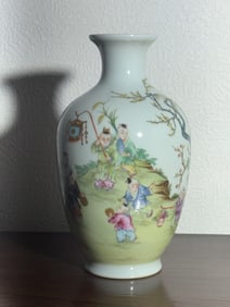 Chinese Porcelain Vase with Boy Scenes Blue Enamle Mark