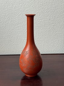 Japanese Red Ceramic Vase with Incised Decoration
