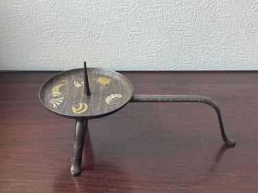 Japanese Iron Walking Candle Holder with Gold Silver Inlay, Meiji Period