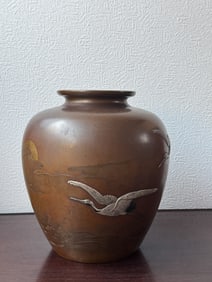 Japanese Mixed Metal Vase with Crane Scene, Meiji Period