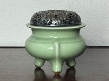 Chinese Celadon Porcelain Censer with Fancy Japanese Silver Lid