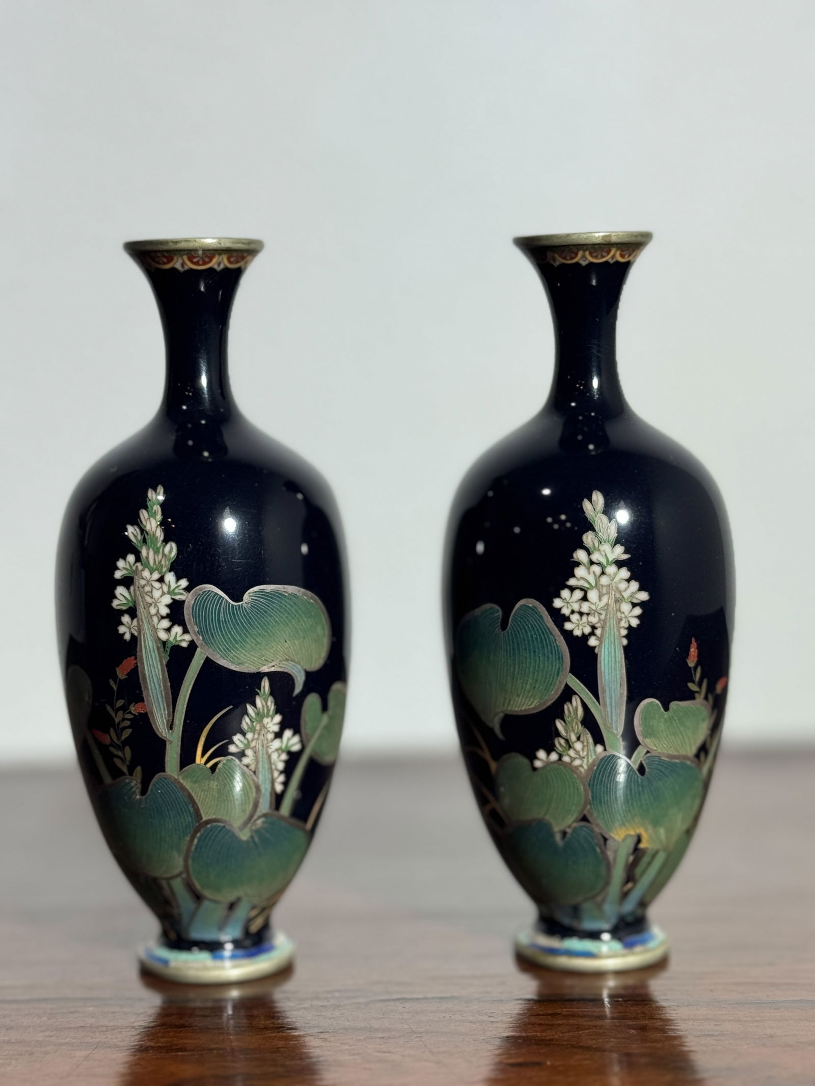Pair Japanese Cloisonne Vases with Floral Scene, Meiji Period (1 of 9)