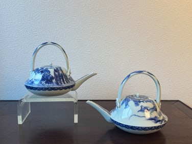 Pair Japanese Blue White Hirado Porcelain Ewers