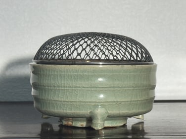 Chinese Celadon Porcelain Censer with Japanese Silver Lid, Ming Dynasty