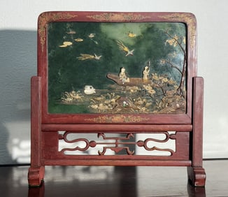 Chinese Spinach Jade Table Screen with Various Inlay