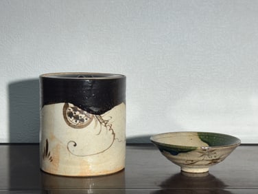 Japanese Studio Ceramic Tea Bowl and Tea Waste Covered Jar