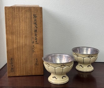 Pair of Japanese Studio Ceramic Buddhist Lotus Bowl with Silver Lining
