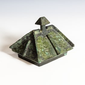 Early Chinese Bronze Ritual Wine Vessel Cover, Probably Shang Dynasty