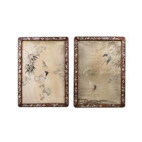 Pair of Embroidered Flower and Bird Frames