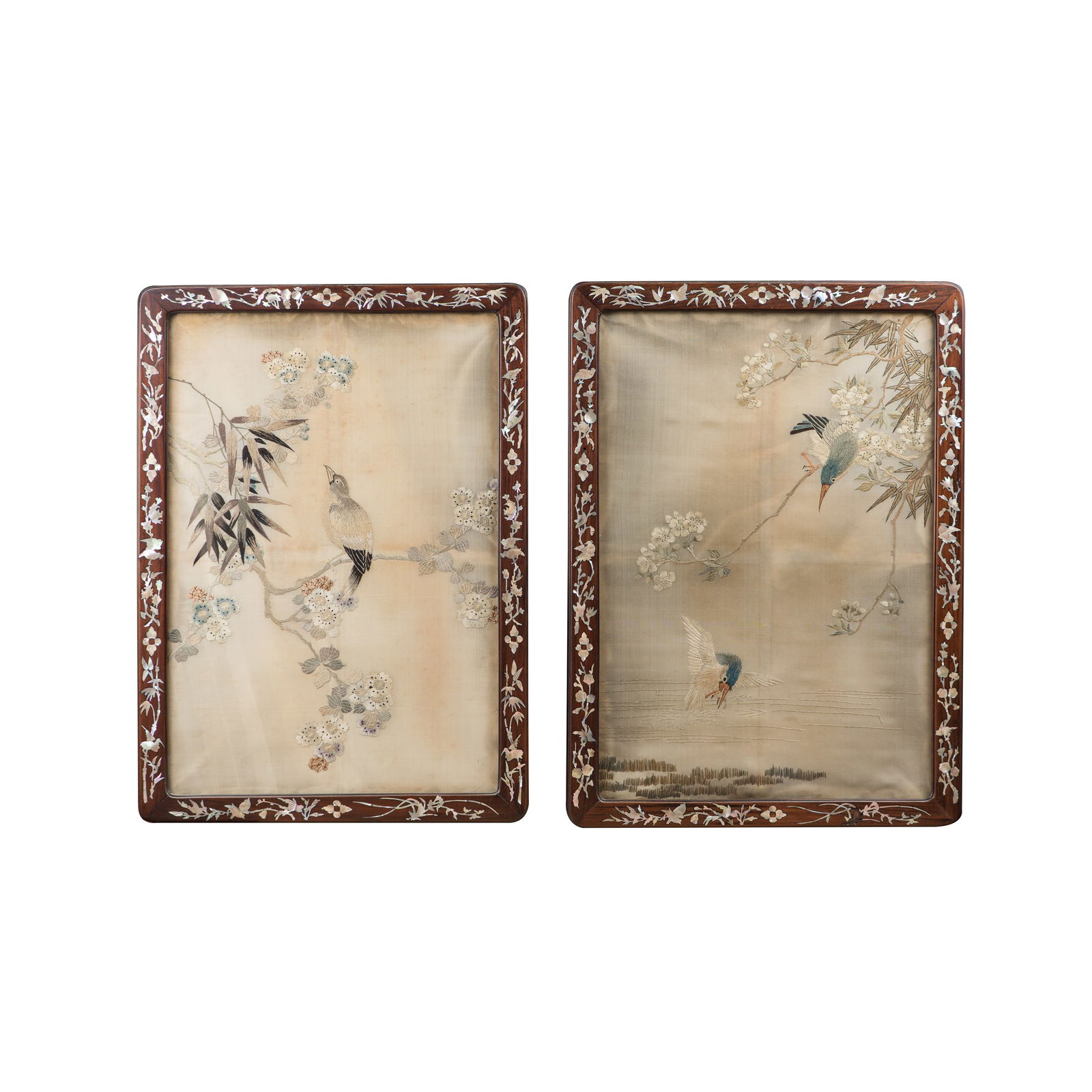 Pair of Embroidered Flower and Bird Frames (1 of 7)