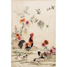 A Chinese 'Flower and Rooster' Embroidery, Framed