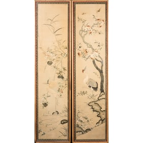 CHINESE EMBROIDERED SILK SCROLLS IN PAIR, FRAMED