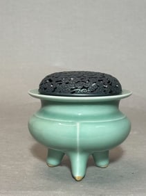 Celadon Glaze Porcelain Censer with Silver Top, 19th Century