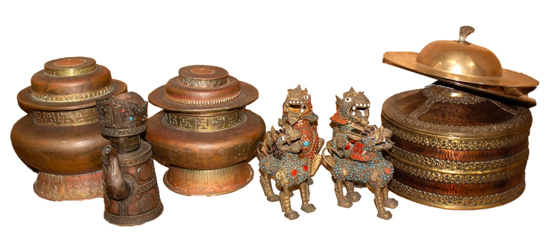 A group of Tibetan metal vessels and animals, Senator Feinstein Estate (1 of 1)