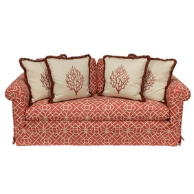 A contemporary sofa upholstered in lattice pattern, Senator Feinstein Estate