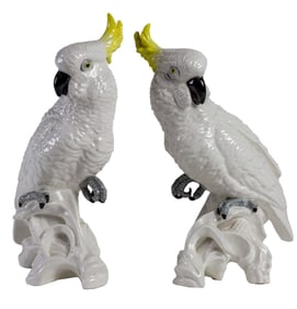A pair of Crown Staffordshire porcelain cockatoos, Senator Feinstein Estate