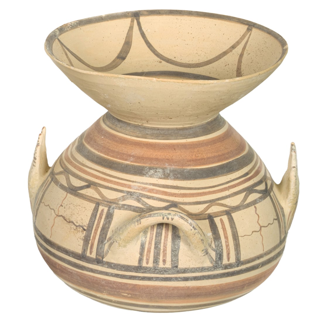 A Daunian style funnel krater with upraised hands, Senator Feinstein Estate: A Daunian style funnel krater with upraised hands, 10.25"h. Provenance: The Estate of Senator Dianne Feinstein (1933-2023)