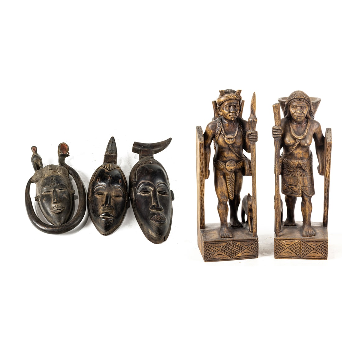 A collection of African masks and figural bookends, Senator Feinstein Estate: A collection of African masks and figural bookends. [15 total] Provenance: The Estate of Senator Dianne Feinstein (1933-2023)