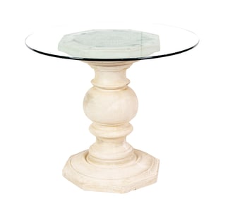 A contemporary cast stone pedestal table with glass top, Senator Feinstein Estate