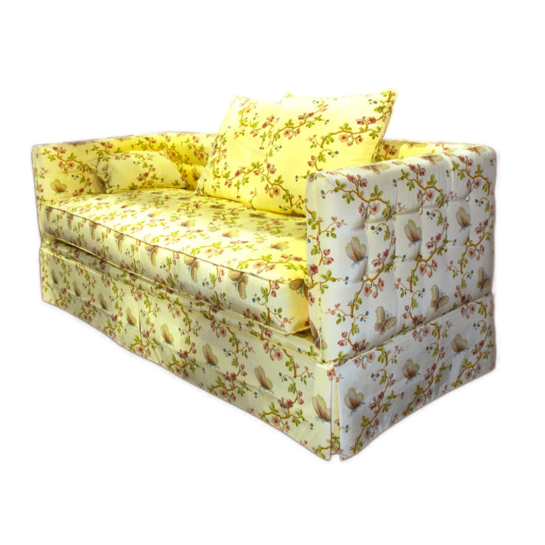 An upholstered sofa in Pierre Frey fabric, Senator Feinstein Estate: An upholstered sofa in Pierre Frey fabric in the Papillons Moire pattern, 31.5"h x 78"l x 31". Provenance: The Estate of Senator Dianne Feinstein (1933-2023)