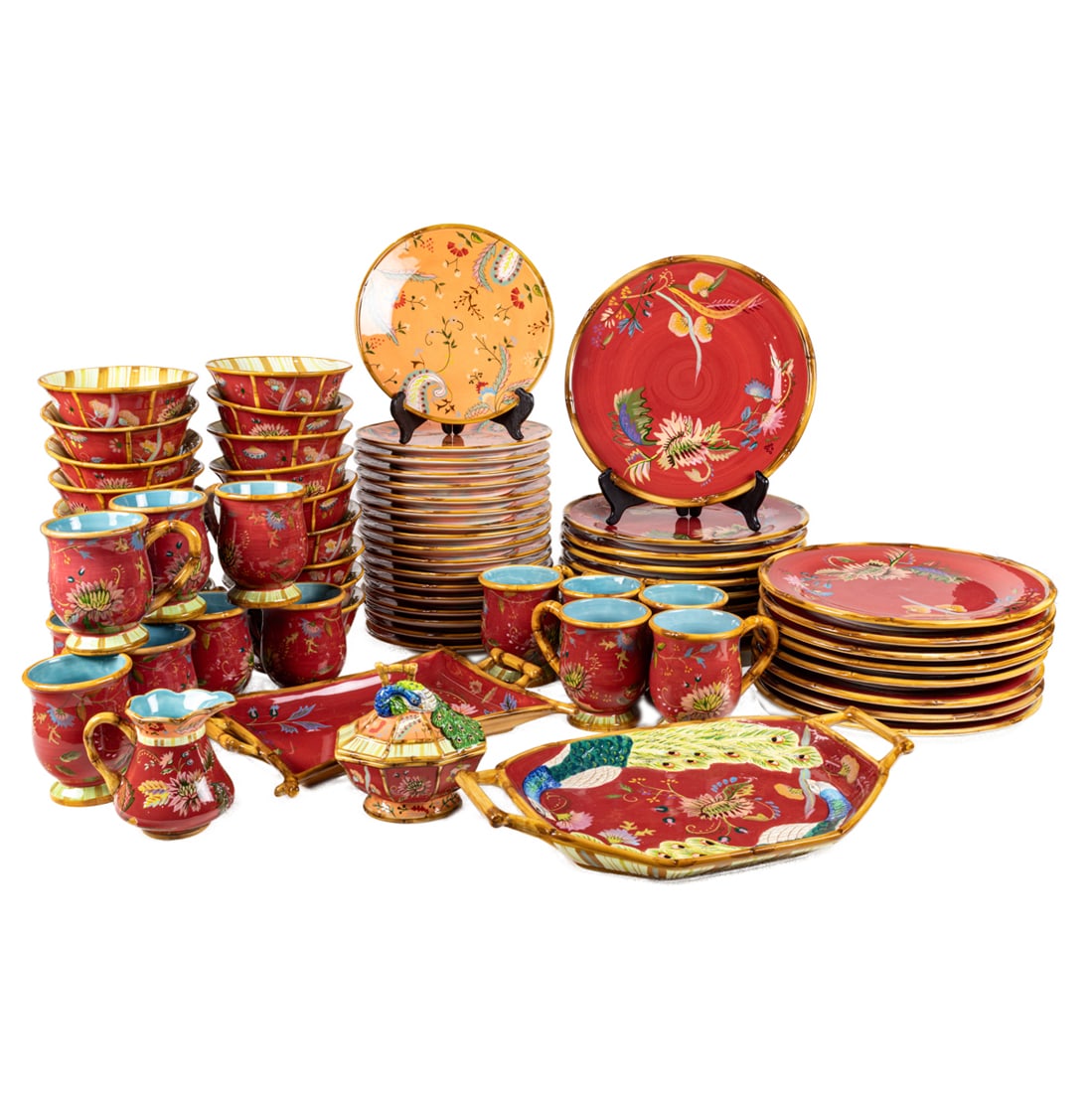 A Tracy Porter for The Artesian Road Collection dinner service, Senator Feinstein Estate: A Tracy Porter for The Artesian Road Collection ceramic dinner service in the 'Dare Yourself to Dream' pattern, including (18) chargers, 11.75"dia; (18) dinner plates, 8"dia; (17) footed bowls; (13) m