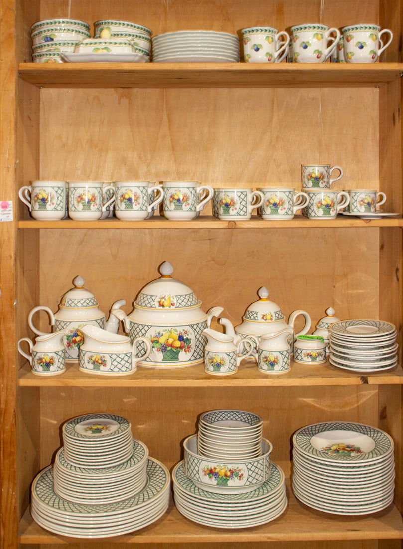 An assembled Villeroy & Boch porcelain dinner service, Senator Feinstein Estate: An assembled Villeroy & Boch porcelain dinner service in the Basket and French Garden patterns, the first group in the Basket pattern, comprising (7) chargers; (9) dinner plates; (11) salad plates; (1