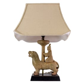 A Chinese pottery figure riding a lion, Senator Feinstein Estate