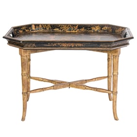 An Italian chinoiserie decorated tray on stand, Senator Feinstein Estate