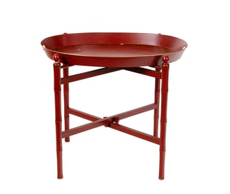 A Regency style red tole oval tray on stand, Senator Feinstein Estate