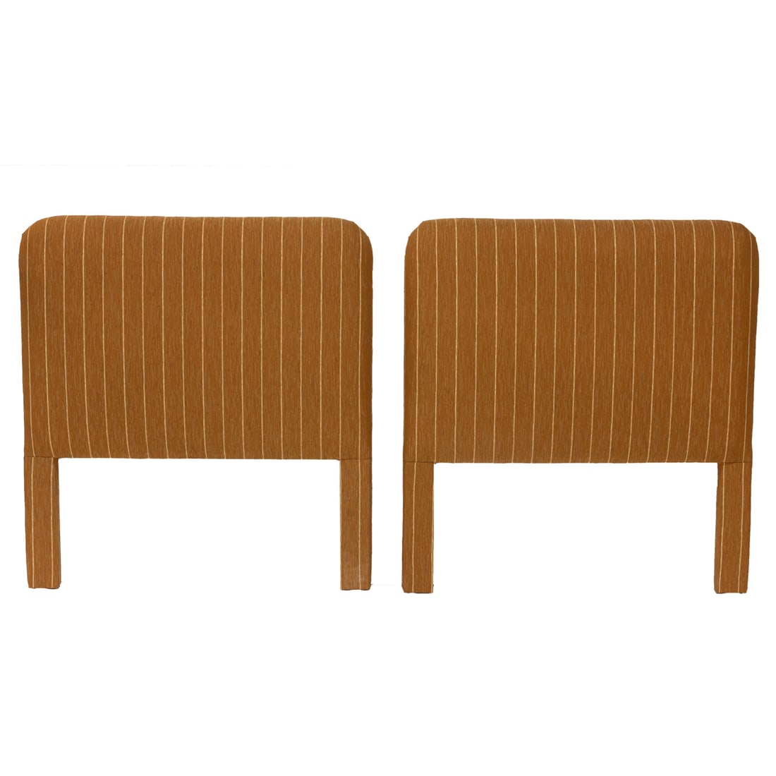 A pair of twin headboards, Senator Feinstein Estate: A pair of twin headboard upholstered in a russet tone striped fabric, 42.25"h x 39.5"w x 3"d. Provenance: The Estate of Senator Dianne Feinstein (1933-2023)