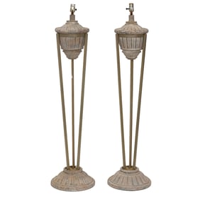 A pair of ceramic and metal urn form tripod floor lamps, Senator Feinstein Estate