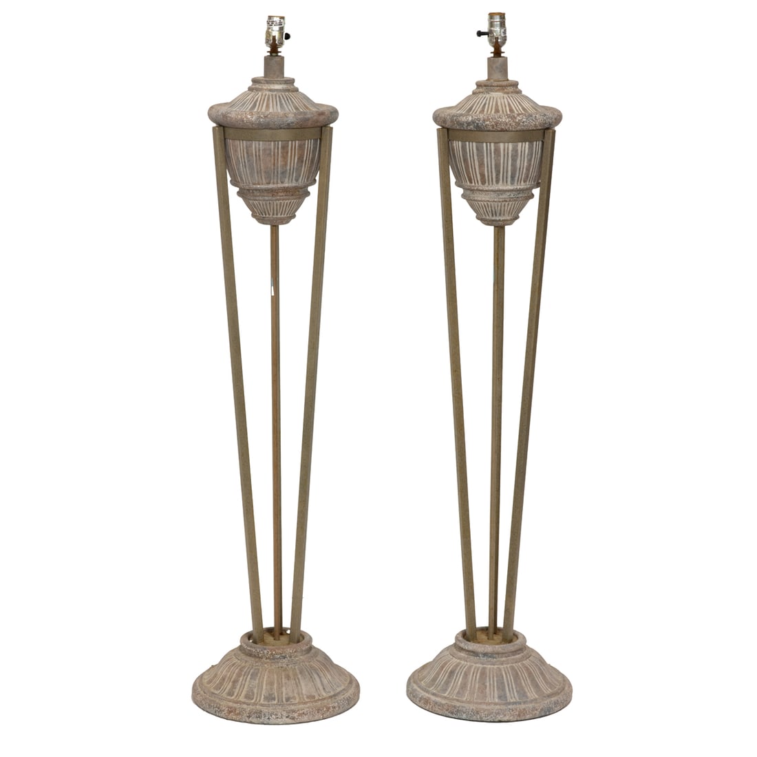 A pair of ceramic and metal urn form tripod floor lamps, Senator Feinstein Estate: A pair of ceramic and metal urn form tripod floor lamps, 47"h (excluding electrical fittings). Provenance: The Estate of Senator Dianne Feinstein (1933-2023)