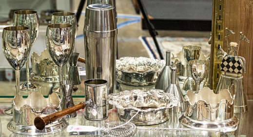 A group of silver plated and stainless bar accessories, Senator Feinstein Estate