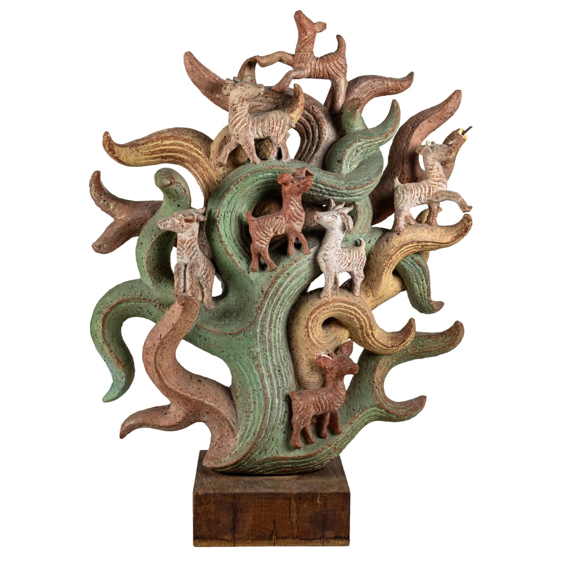 A contemporary polychrome pottery tree of life, Senator Feinstein Estate: A contemporary polychrome pottery tree of life, indistinctly signed 'H. Gartiera', raised on wood plinth, 23"h x 16"w. Provenance: The Estate of Senator Dianne Feinstein (1933-2023)
