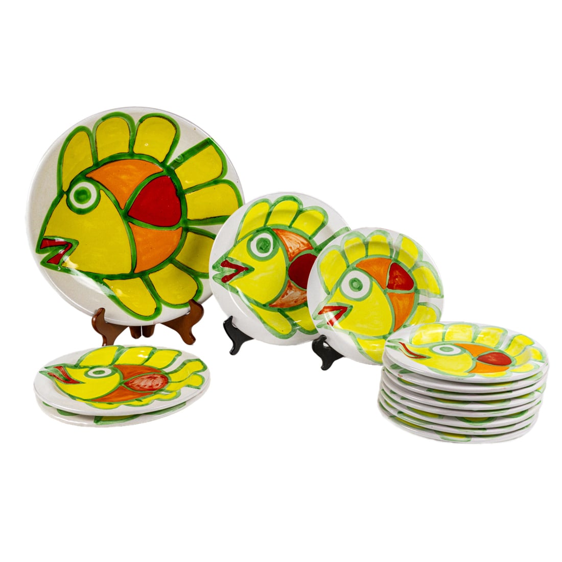 A group of Desimone Italian pottery fish plates, Senator Feinstein Estate: A group of Desimone Italian pottery fish plates, comprising platter, 14.5"dia; (9) plates, 8.5"dia; and (3) plates, 10"dia [13 total]. Provenance: The Estate of Senator Dianne Feinstein (1933-2023)