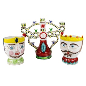 A Desimone Italian pottery candelabra two Desimone king head vases, Senator Feinstein Estate