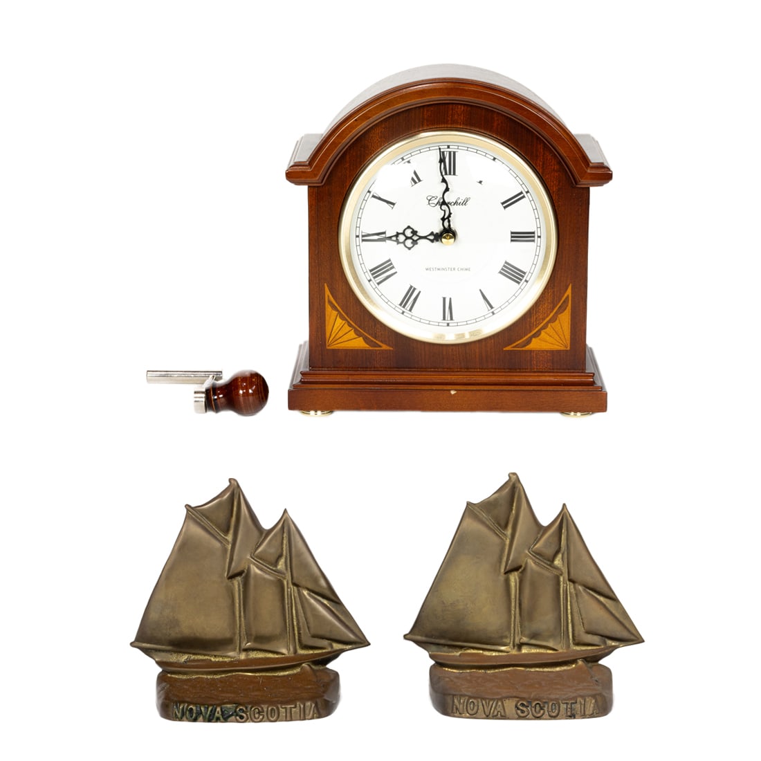 A Churchill mantel clock and a pair of brass bookends, Senator Feinstein Estate (1 of 1)