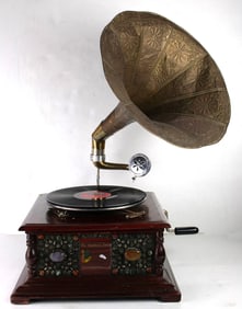 A metal and stone decorated gramophone, Senator Feinstein Estate