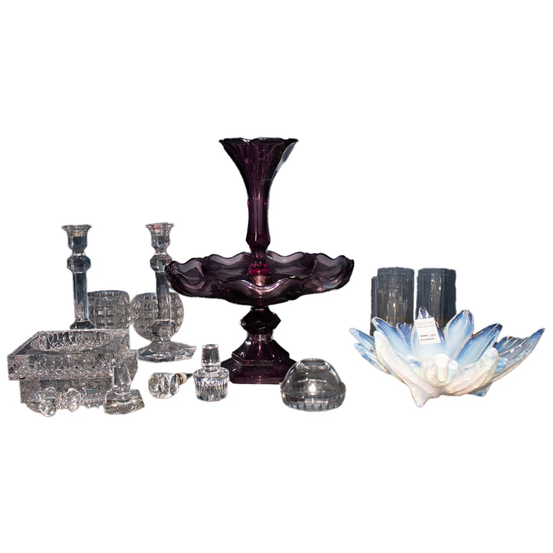 An assembled group of glass, Senator Feinstein Estate: An assembled group of glass, comprising Duncan & Miller (Tiffin) amethyst glass epergne, unmarked, 14.5"h; French opalescent glass footed bowl, 10.5"l; pair of Waterford wine coasters; pair of Val St.